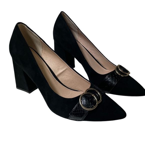 Michael Michael Shannon Black Suede Point Toe Gold Embellished Block Heels 7.5 - Picture 1 of 13